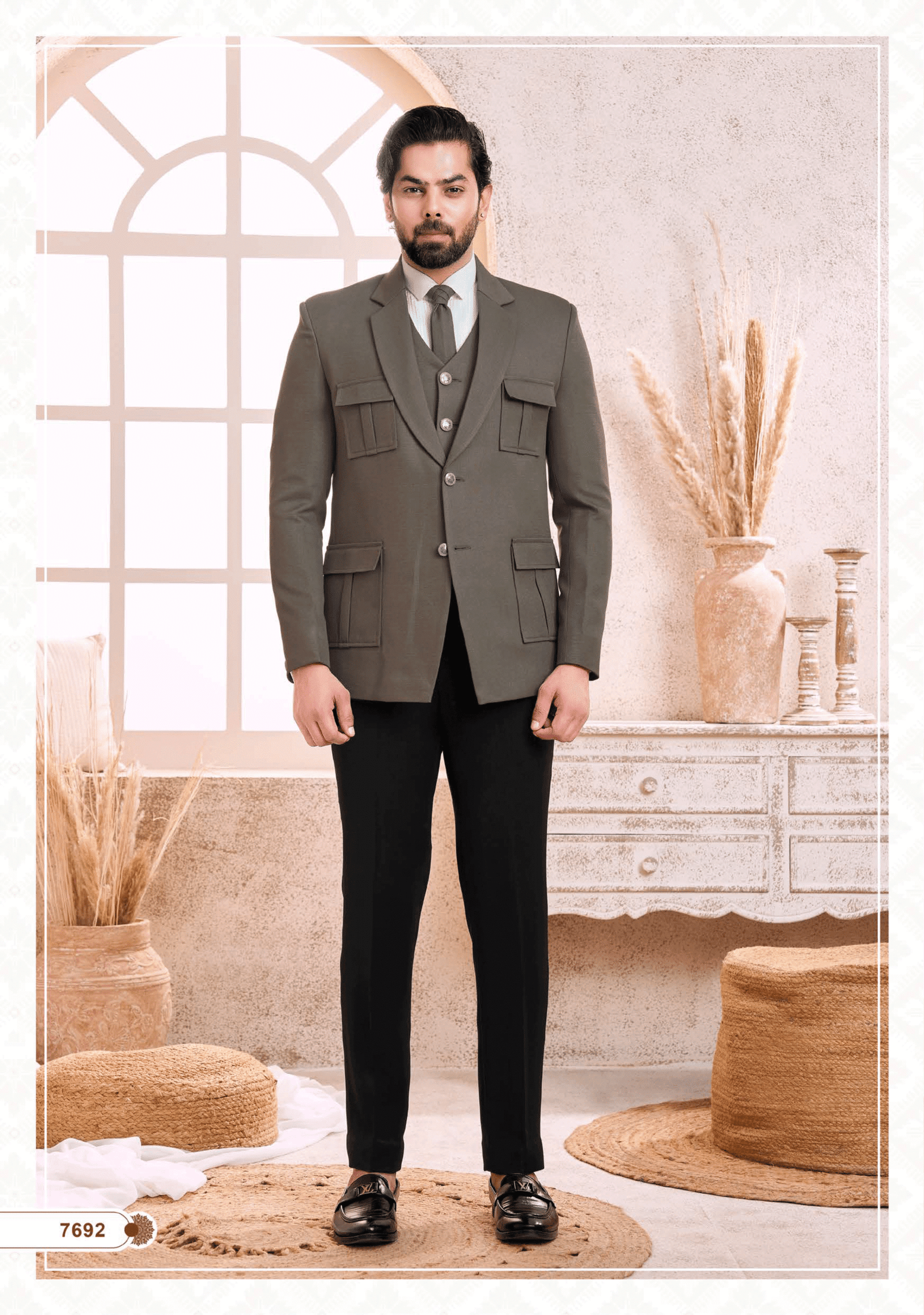 Men’s grey 4-pocket suit, perfect for wedding, party, and formal occasions from ShubhVivah Showroom