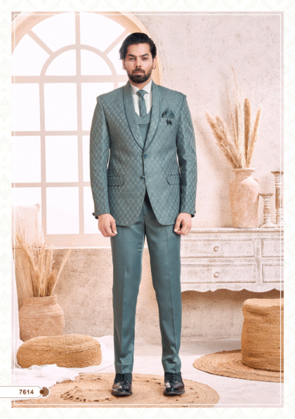 Elegant royal green suit with intricate detailing for men, perfect for wedding, party, and formal occasions from ShubhVivah Showroom