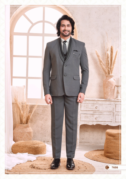Men’s light grey suit, ideal for wedding, party, and formal occasions from ShubhVivah Showroom