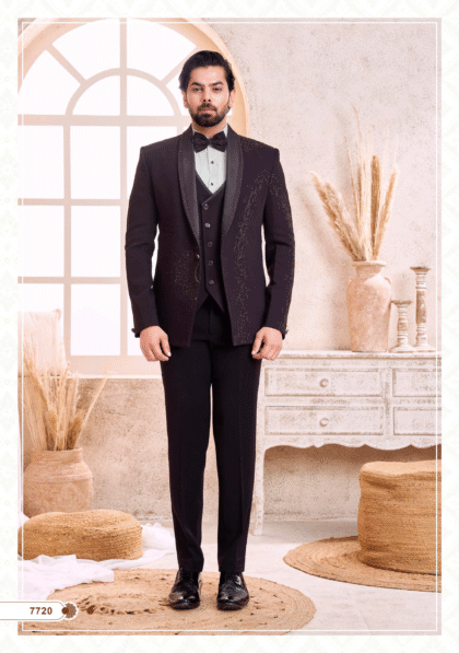 Men’s wine suit with embroidery, perfect for wedding, party, and formal occasions from ShubhVivah Showroom