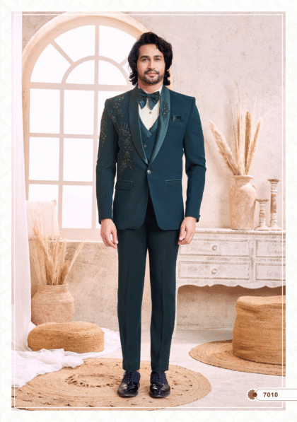 Men’s royal blue suit with embroidery, ideal for wedding, party, and formal occasions from ShubhVivah Showroom