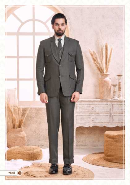 Elegant grey 4-pocket suit with tailored fit for men, ideal for wedding, party, and formal occasions from ShubhVivah Showroom
