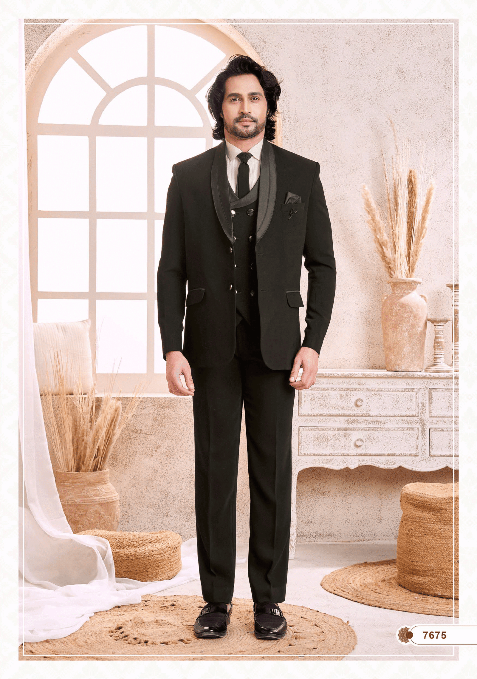 Elegant black suit with tailored fit for men, ideal for wedding, party, and formal occasions from ShubhVivah Showroom