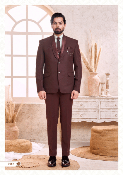 Men’s brown suit, ideal for wedding, party, and formal occasions from ShubhVivah Showroom