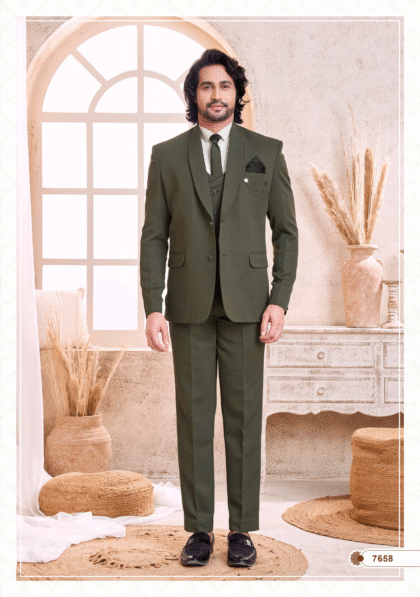 Men’s mehendi green suit, perfect for wedding, party, and formal occasions from ShubhVivah Showroom
