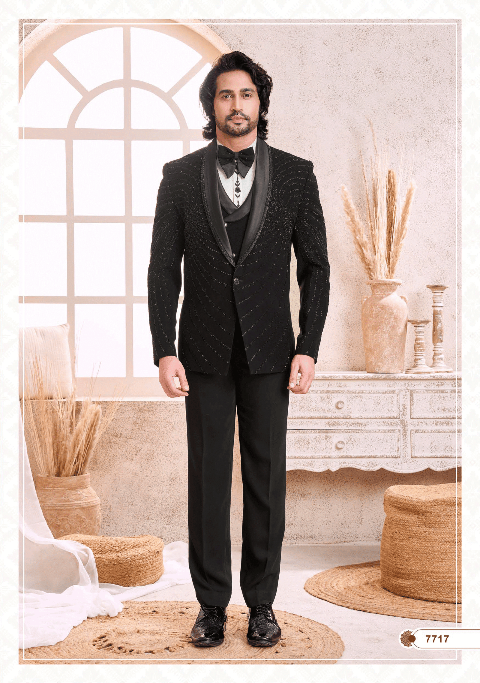 Men’s black suit with full embroidery, ideal for wedding, festive, and party occasions from ShubhVivah Showroom