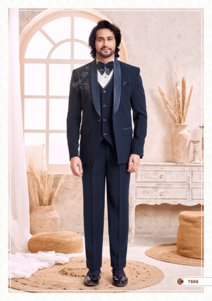 Men’s royal blue suit with shoulder embroidery, perfect for wedding, party, and formal occasions from ShubhVivah Showroom