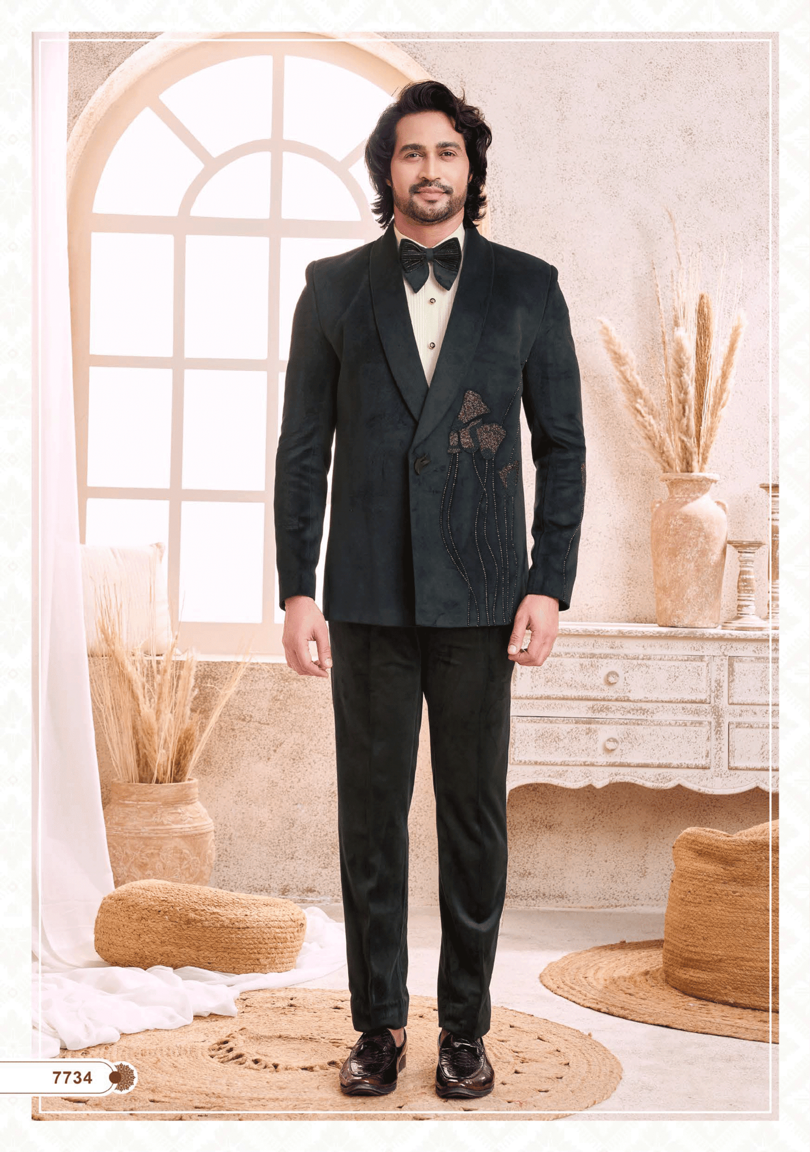 Elegant dark green velvet slim fit suit with tailored fit and embroidery for men, perfect for wedding, festive, and party occasions from ShubhVivah Showroom