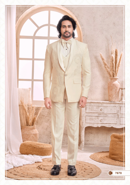 Men’s cream suit with embroidery, perfect for wedding, party, and formal occasions from ShubhVivah Showroom