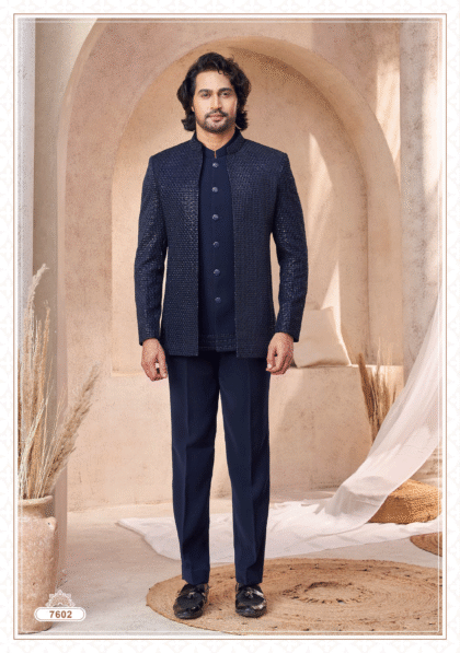 Elegant navy blue Jodhpuri suit with fine embroidery for men, perfect for wedding and festive occasions from ShubhVivah Showroom