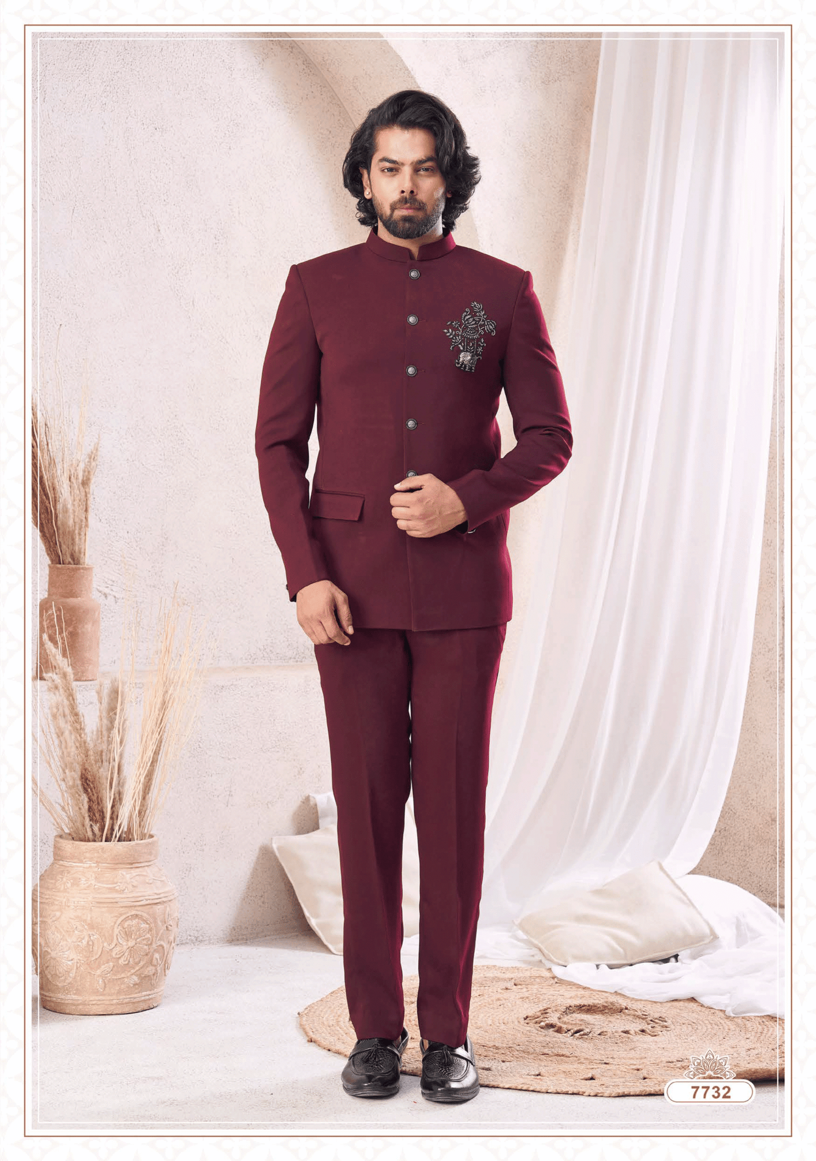 Elegant wine Jodhpuri suit with intricate embroidery for men, ideal for wedding and festive occasions from ShubhVivah Showroom