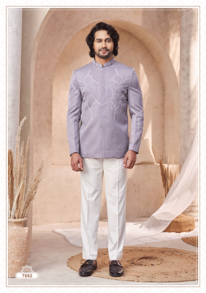 Elegant grey Jodhpuri suit with fine detailing for men, perfect for wedding and festive occasions from ShubhVivah Showroom