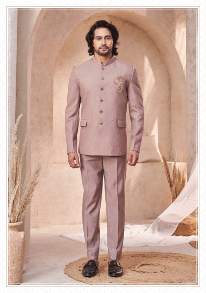 Elegant peach Jodhpuri suit with subtle embroidery for men, ideal for wedding and festive occasions from ShubhVivah Showroom