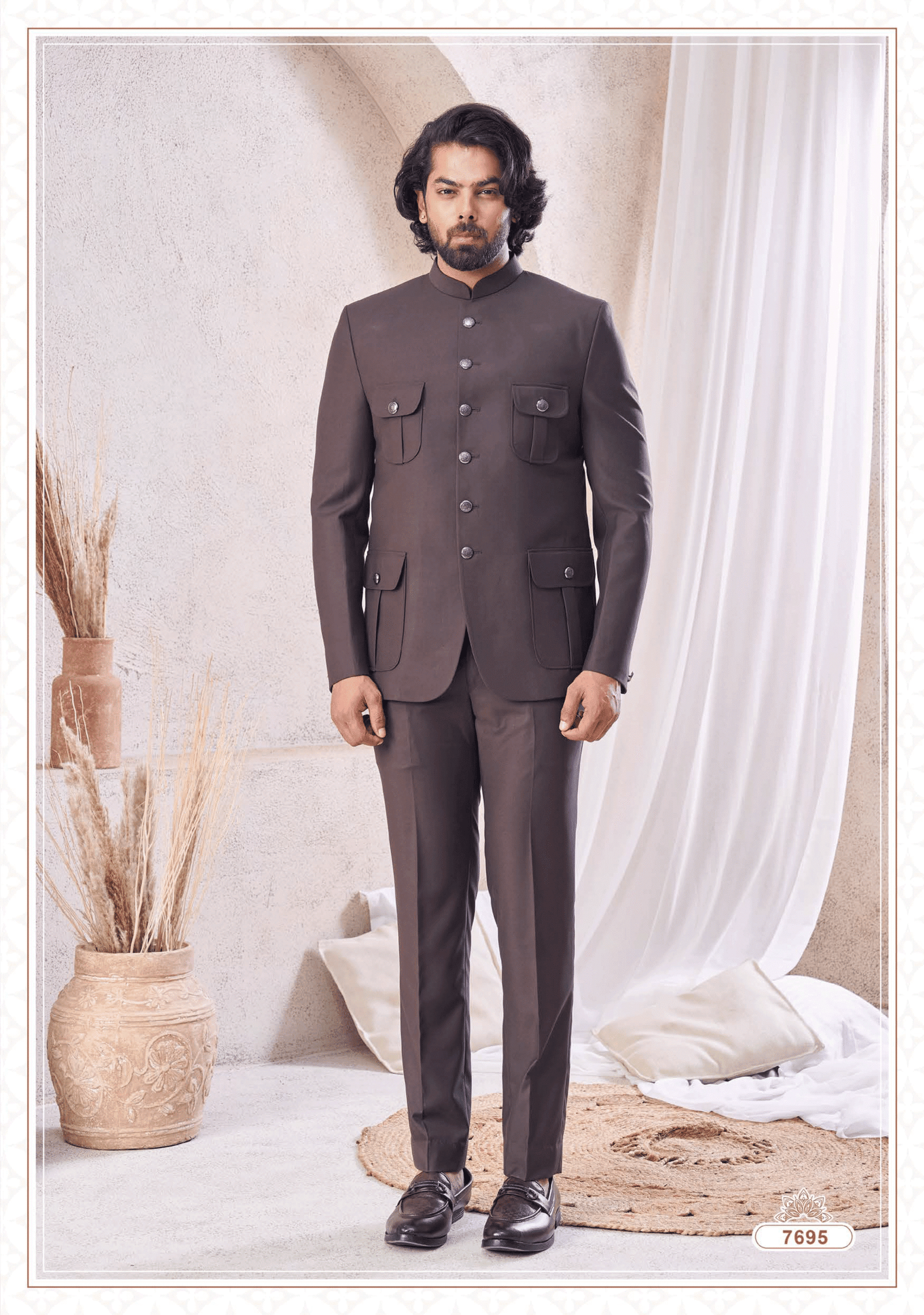Stylish dark grey 4 pocket Jodhpuri suit for men, perfect for wedding and formal occasions from ShubhVivah Showroom