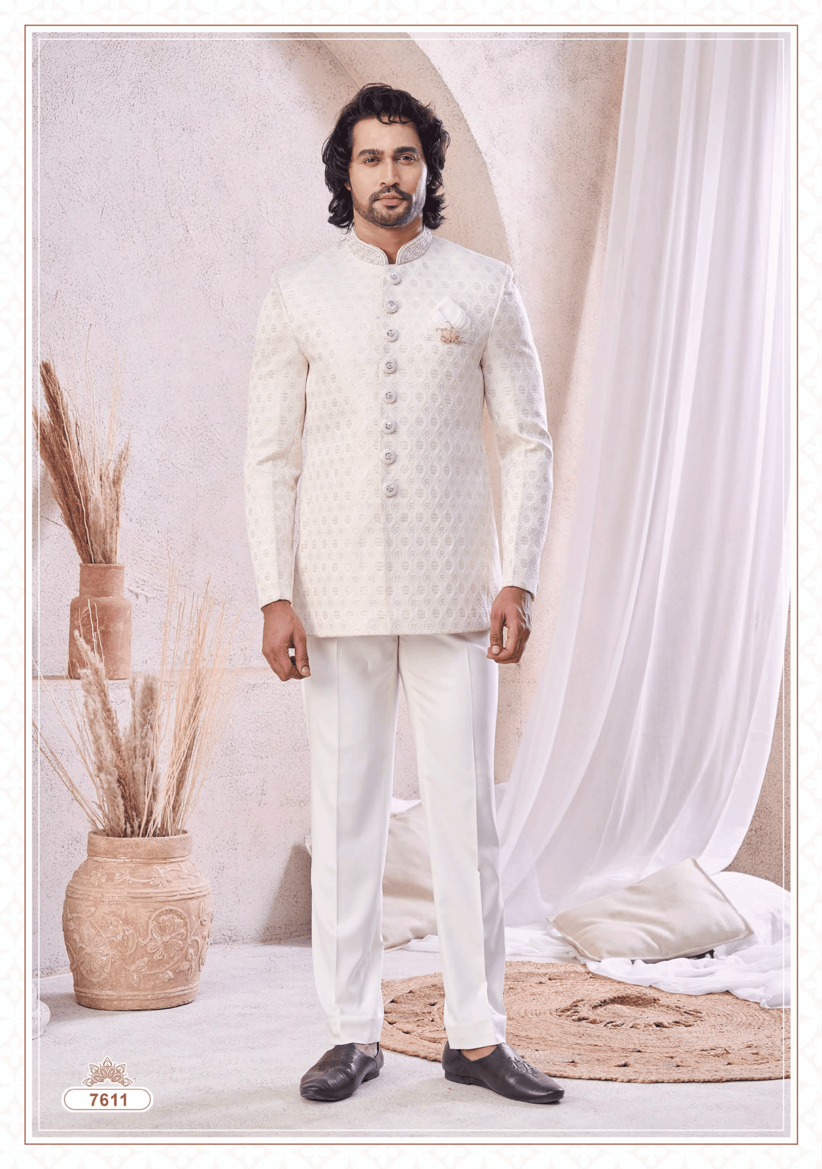 White embroidered Jodhpuri suit with classic button design from Subhvivah Showroom – elegant designer wear for weddings and festive occasions