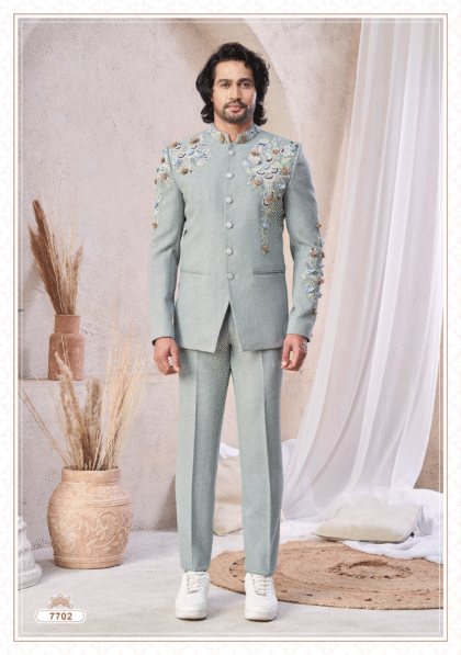 Men’s light pista green designer Jodhpuri suit from Subhvivah Showroom – elegant traditional wear for weddings and festive occasions