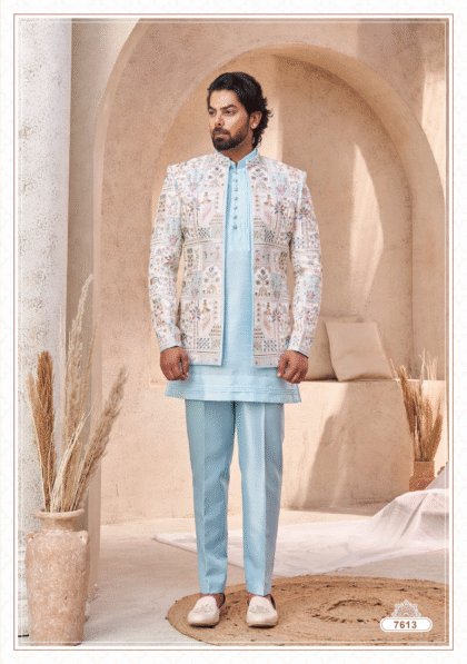 Elegant light blue Jodhpuri suit with white embroidery for men, ideal for wedding and festive occasions from ShubhVivah Showroom