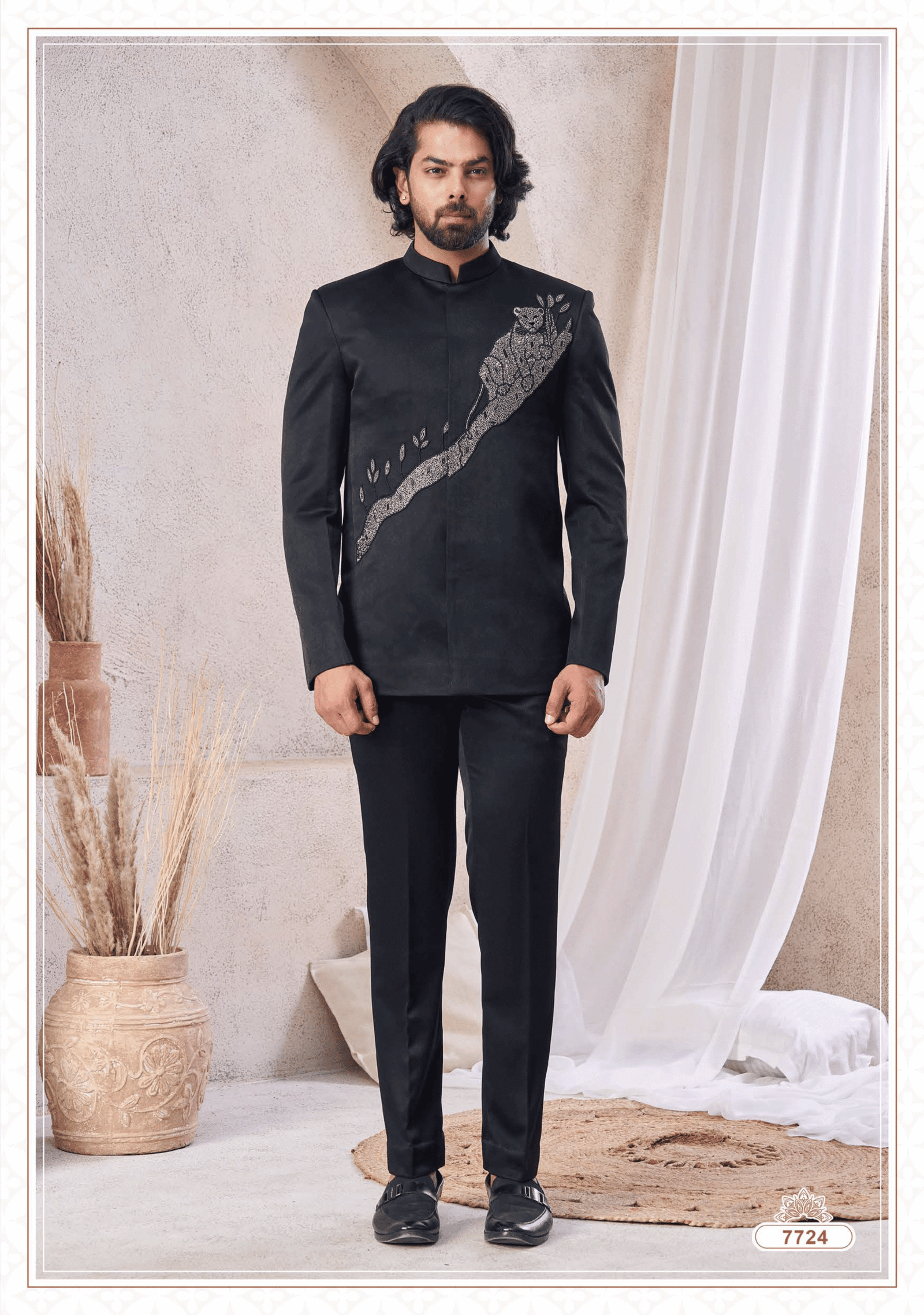 Elegant black Jodhpuri suit with royal detailing from Subhvivah Showroom – premium designer wear for weddings and festive occasions