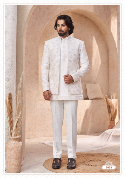 White Jodhpuri suit for men, ideal for wedding, festive, and formal occasions from ShubhVivah Showroom
