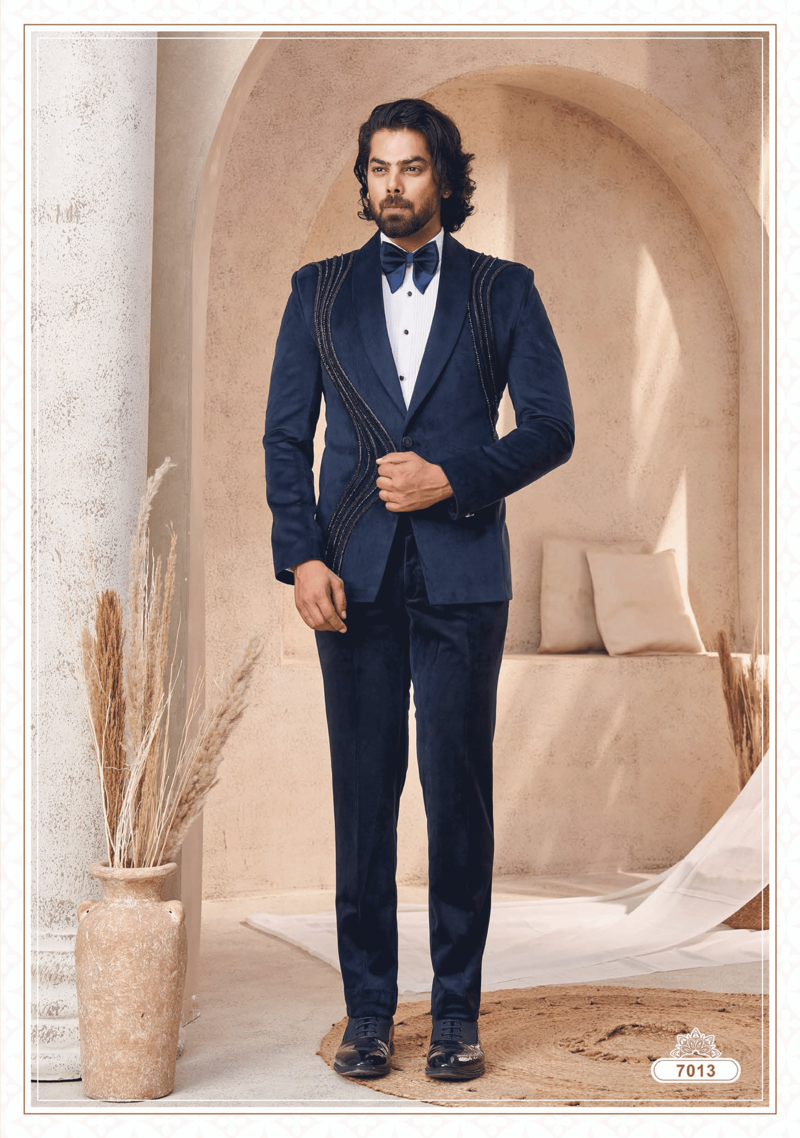 Elegant royal blue Jodhpuri suit with black embroidery for men, ideal for wedding and festive occasions from ShubhVivah Showroom