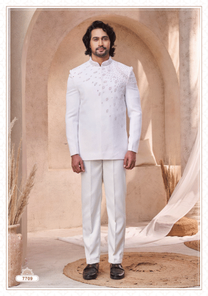 Elegant white Jodhpuri suit with fine embroidery for men, perfect for wedding and festive occasions from ShubhVivah Showroom