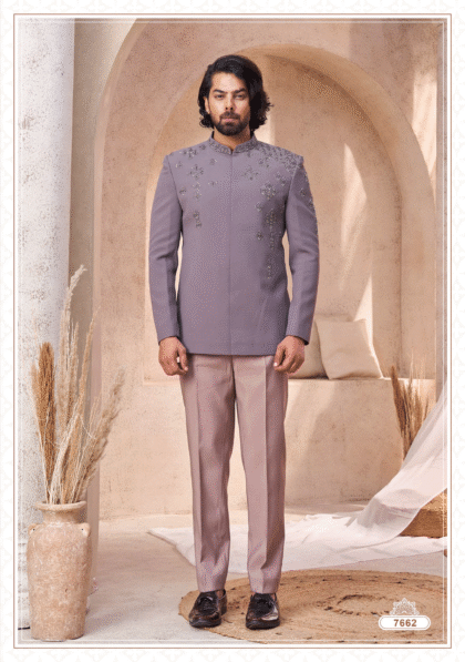 Elegant grey Jodhpuri suit with classic detailing for men, ideal for wedding and festive occasions from ShubhVivah Showroom