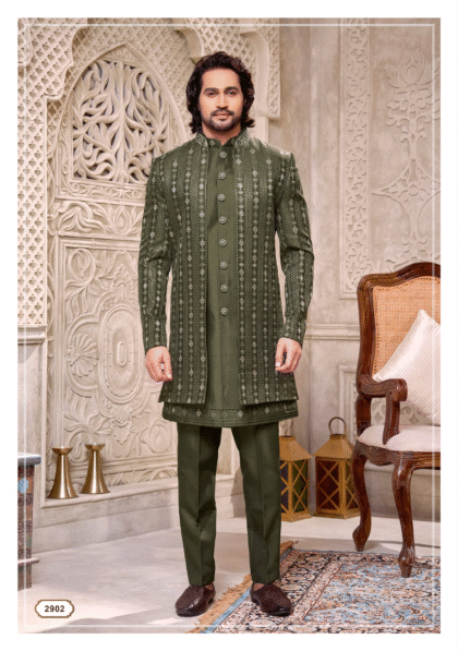 Men’s mehendi green Indo-Western suit with white thread embroidery from Shubhvivah Showroom – elegant designer wear for weddings and festive occasionsns