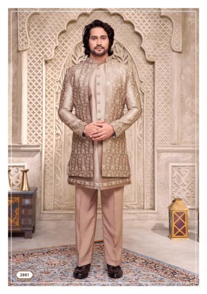 Men’s golden Indo-Western suit with white thread embroidery from Shubhvivah Showroom – elegant designer wear for weddings and festive occasions