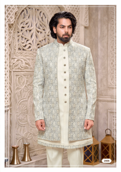 Men’s cream Indo-Western suit from Shubhvivah Showroom – elegant designer wear for weddings, receptions, and festive occasions