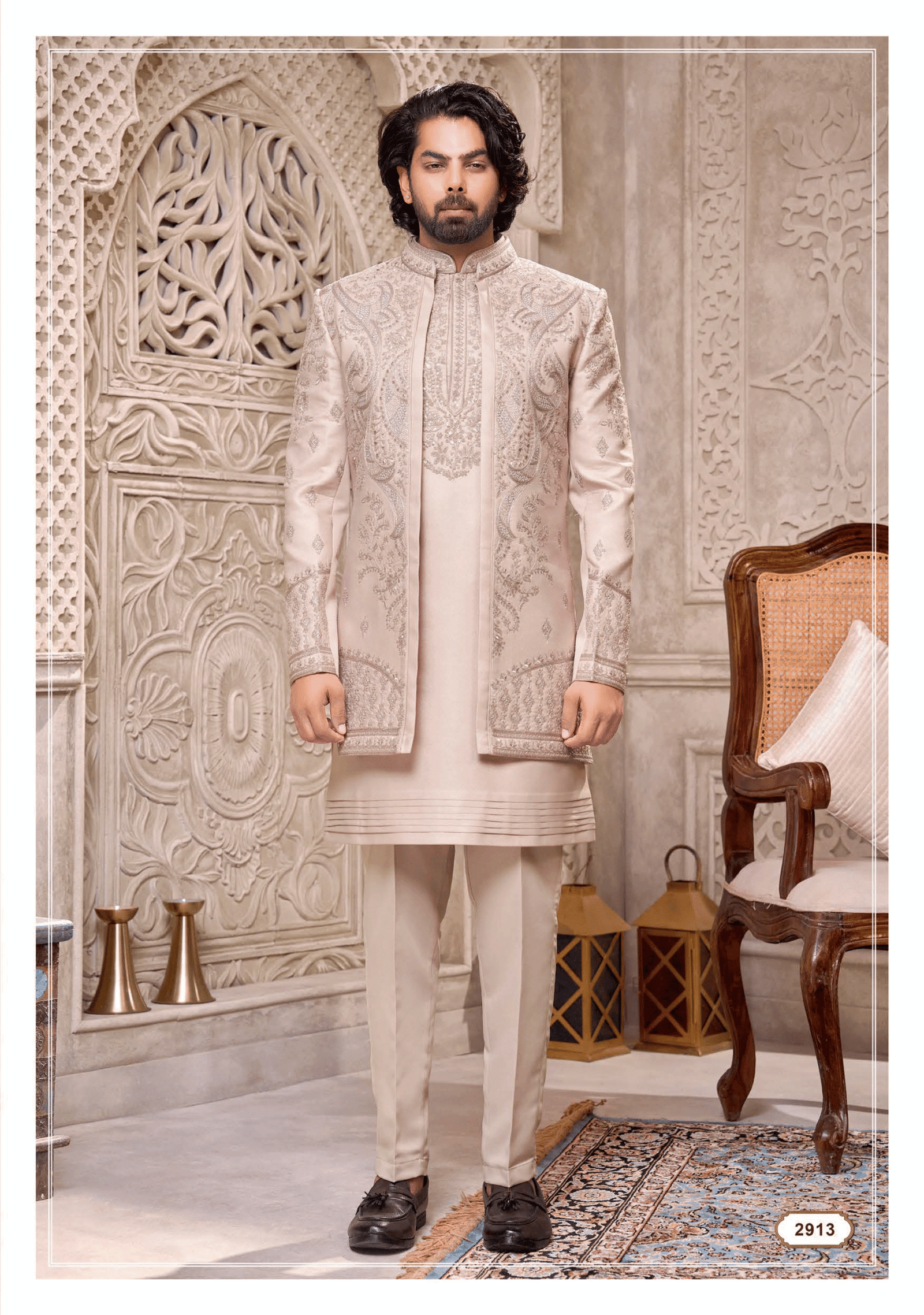 Elegant light pink Indo-Western outfit with intricate embroidery from Shubhvivah Showroom – stylish designer wear for weddings and festive occasions
