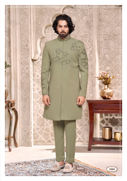 Light mehendi green Indo-Western outfit with elegant embroidery from Shubhvivah Showroom – stylish designer wear for weddings and festive occasions