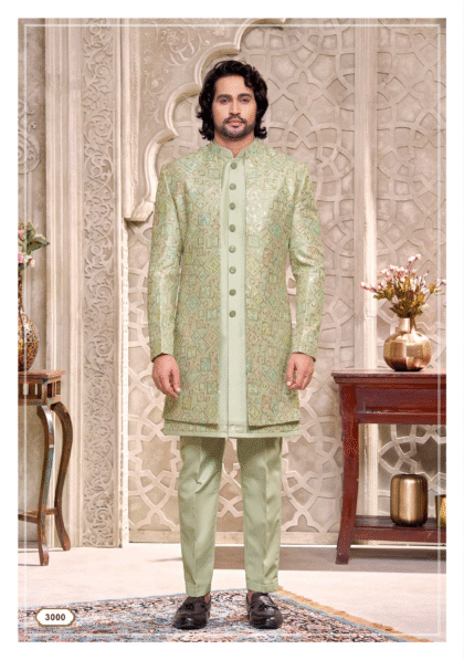 Light pista green Indo-Western outfit with elegant embroidery from Shubhvivah Showroom – stylish designer wear for weddings and festive occasions