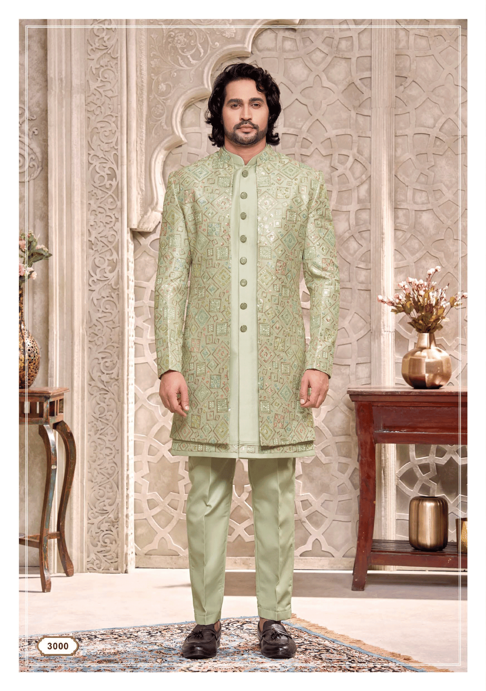 Light pista green Indo-Western outfit with elegant embroidery from Shubhvivah Showroom – stylish designer wear for weddings and festive occasions