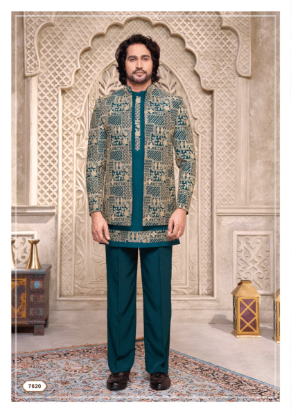 Royal blue Indo-Western outfit with heavy golden embroidery from Shubhvivah Showroom – royal designer wear for weddings and festive occasions