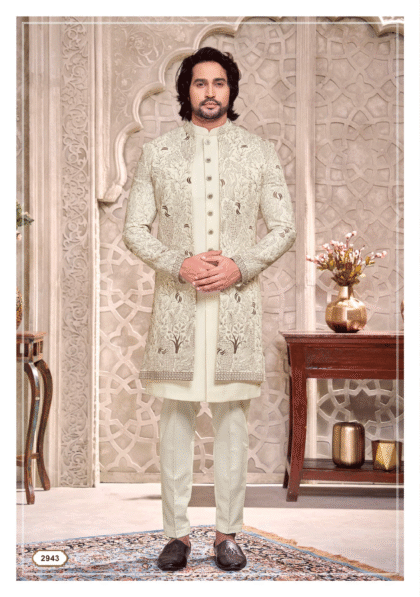 White Indo-Western outfit with brown thread work from Shubhvivah Showroom – elegant men’s designer wear for weddings and festive occasions