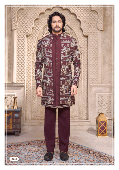 Men’s wine Indo-Western suit with thread embroidery from Shubhvivah Showroom – elegant designer wear for weddings and festive occasions