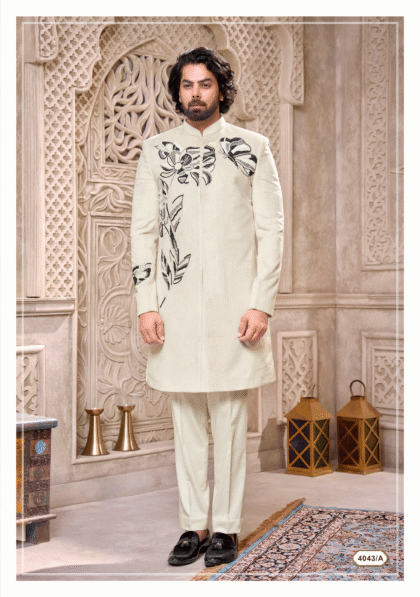 White Indo-Western outfit with black embroidery from Shubhvivah Showroom – elegant men’s fusion wear for weddings and festive occasions