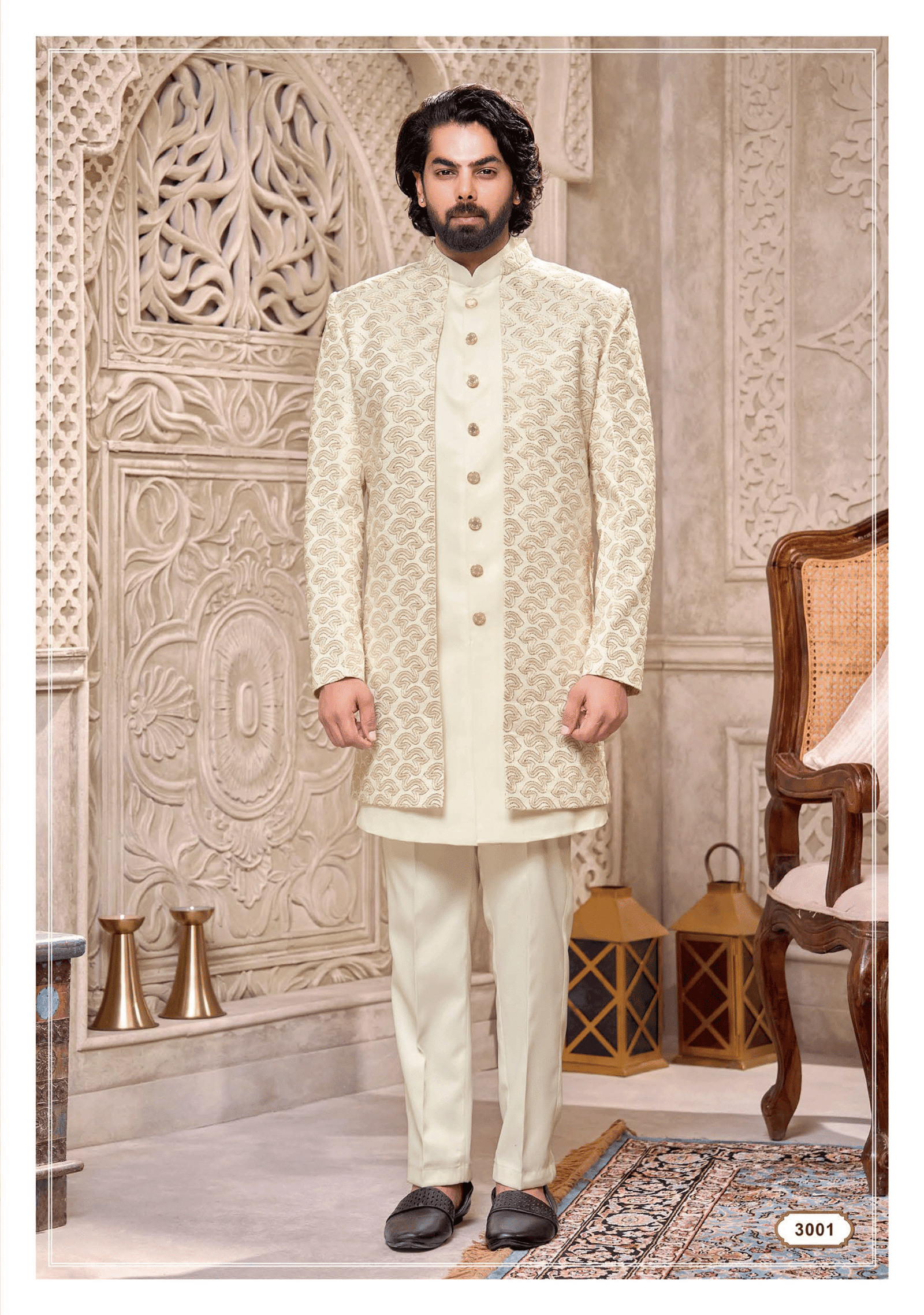 Off white Indo-Western outfit with elegant embroidery from Subhvivah Showroom – stylish designer wear for weddings and festive occasions