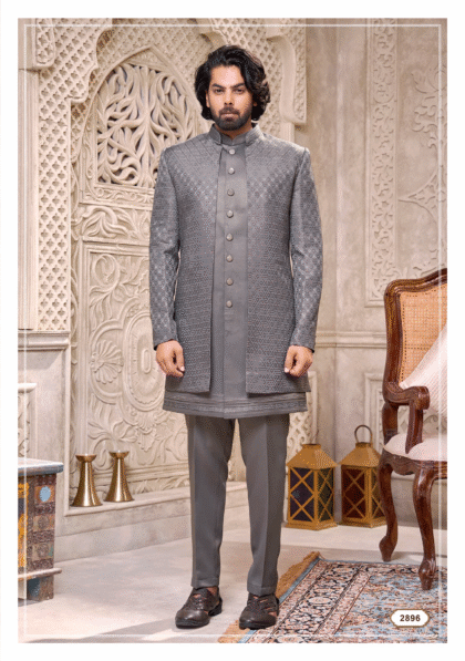 Men’s grey Indo-Western suit from Shubhvivah Showroom – modern ethnic fusion wear for weddings and festive events