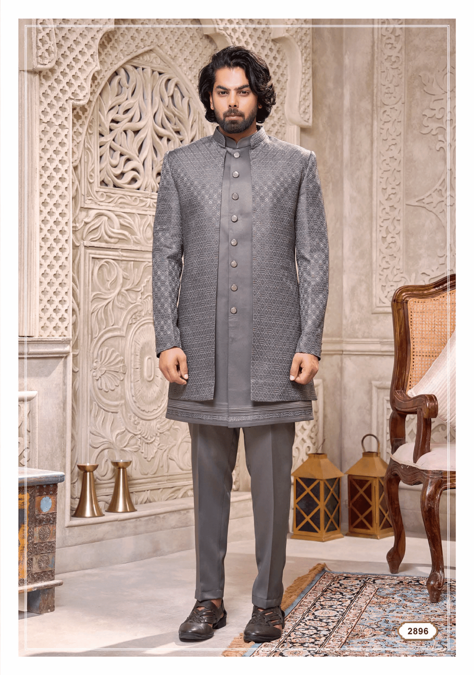 Men’s grey Indo-Western suit from Shubhvivah Showroom – modern ethnic fusion wear for weddings and festive events