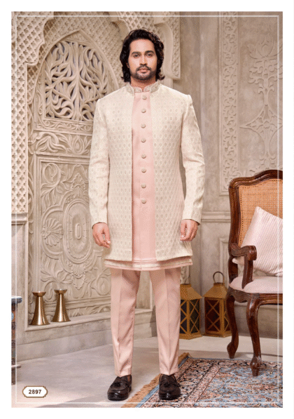 Elegant peach Indo-Western outfit with intricate embroidery from Subhvivah Showroom – premium designer wear for weddings and festive occasions