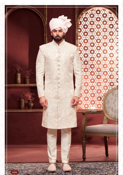 Men’s cream sherwani with floral thread work, perfect for wedding and festive occasions from ShubhVivah Showroom