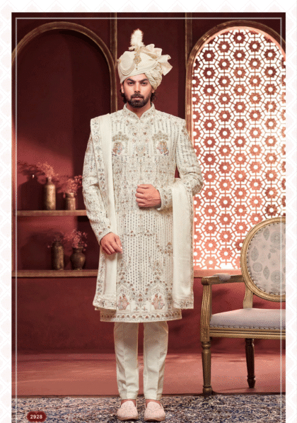 Men’s white sherwani with Radha Krishna embroidery and dupatta, perfect for wedding and festive occasions from ShubhVivah Showroom
