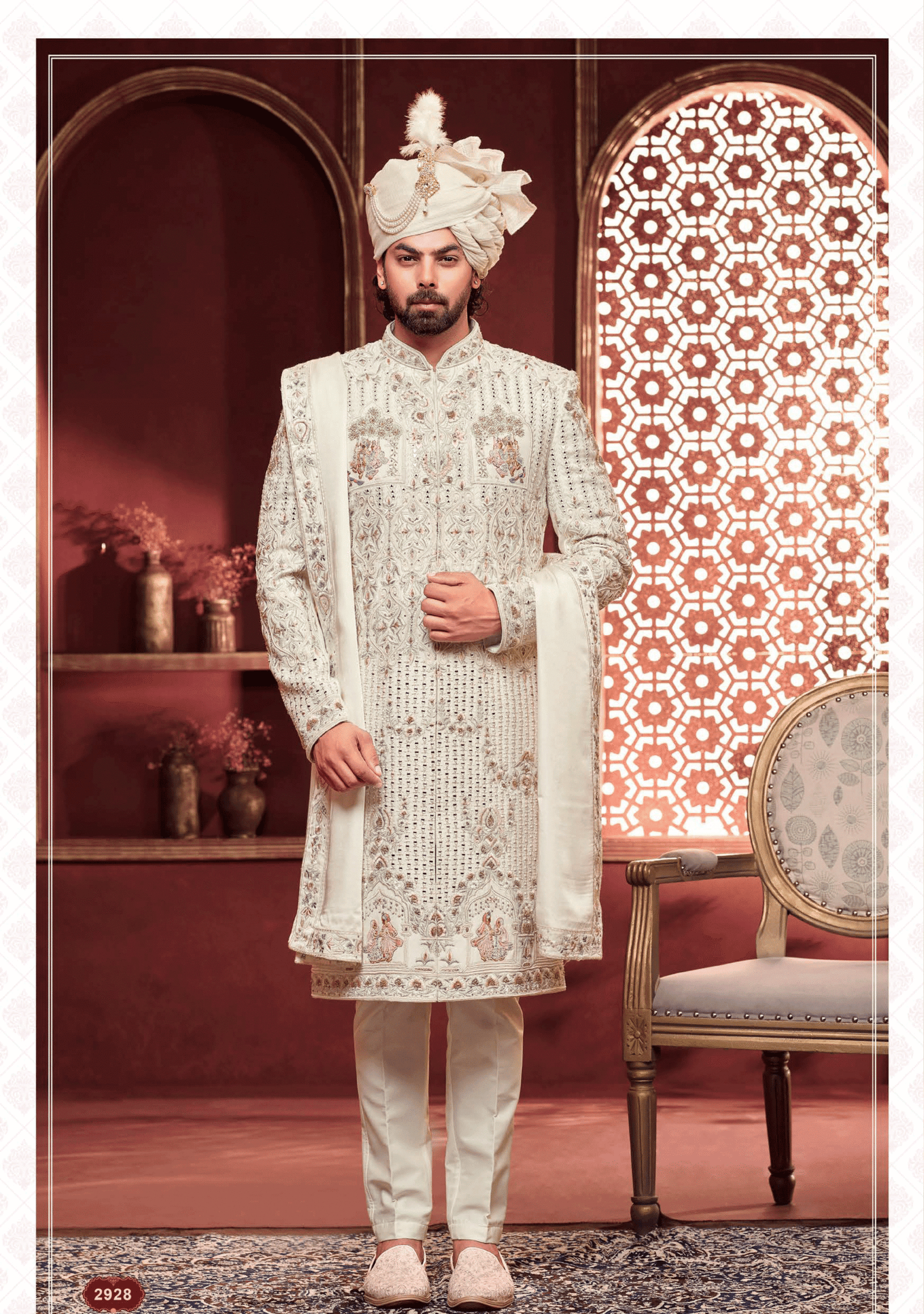 Men’s white sherwani with Radha Krishna embroidery and dupatta, perfect for wedding and festive occasions from ShubhVivah Showroom