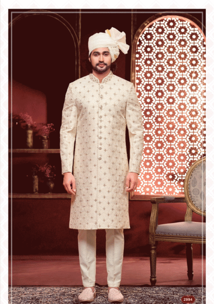 Elegant cream sherwani with intricate embroidery for men, perfect for wedding and festive occasions from ShubhVivah Showroom