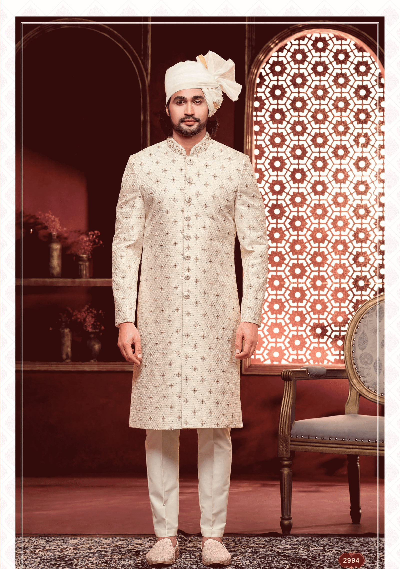 Elegant cream sherwani with intricate embroidery for men, perfect for wedding and festive occasions from ShubhVivah Showroom