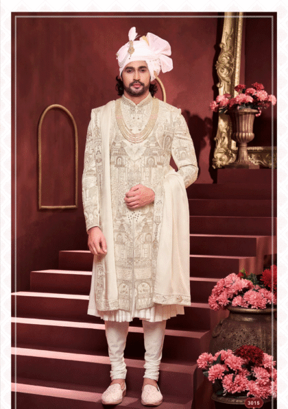 Elegant white sherwani with intricate architectural embroidery and dupatta for men, ideal for wedding and festive occasions from ShubhVivah Showroom