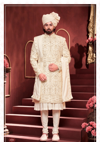 Elegant white sherwani with dupatta and intricate embroidery for men, perfect for wedding and festive occasions from ShubhVivah Showroom