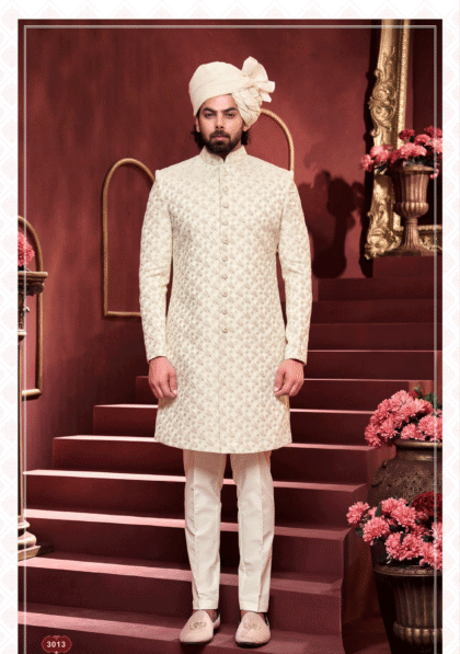 White sherwani with light golden embroidery and fine detailing for men, perfect for wedding and festive occasions from ShubhVivah Showroom