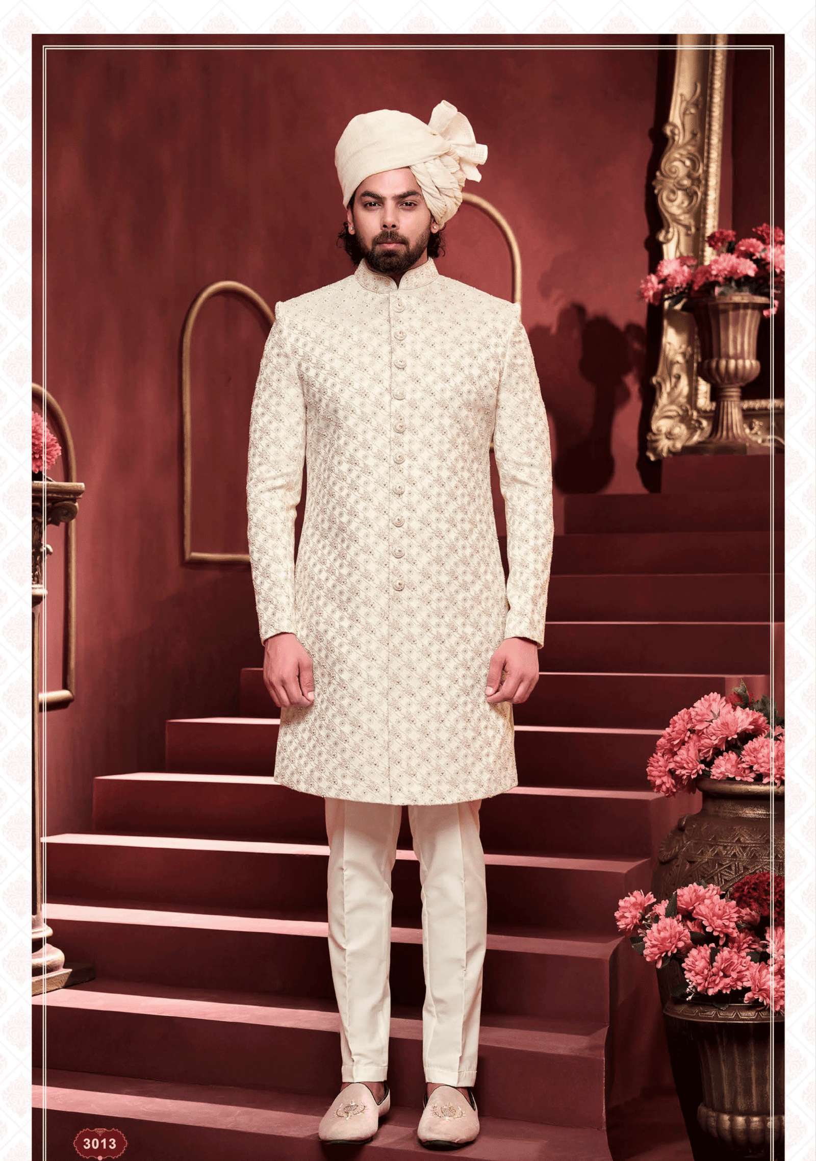White sherwani with light golden embroidery and fine detailing for men, perfect for wedding and festive occasions from ShubhVivah Showroom